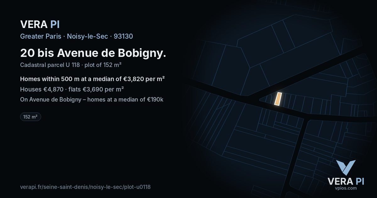 20 bis Avenue de Bobigny, Noisy-le-Sec at night – the plot lit, the parcels around coloured by the prices near them
