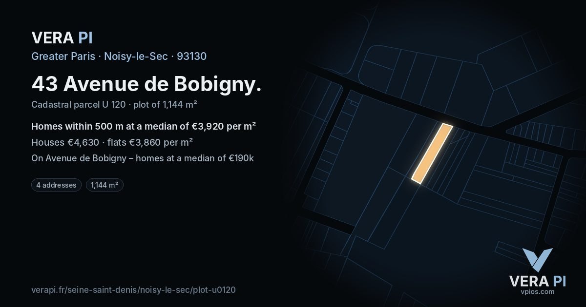 43 Avenue de Bobigny, Noisy-le-Sec at night – the plot lit, the parcels around coloured by the prices near them