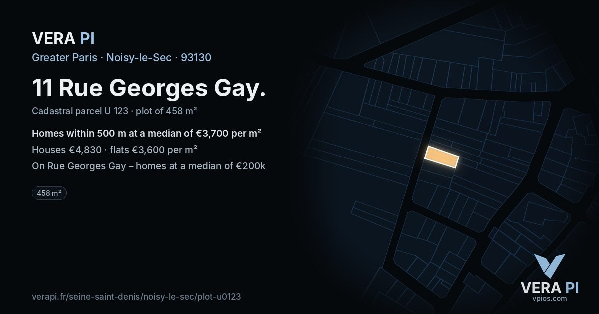 11 Rue Georges Gay, Noisy-le-Sec at night – the plot lit, the parcels around coloured by the prices near them