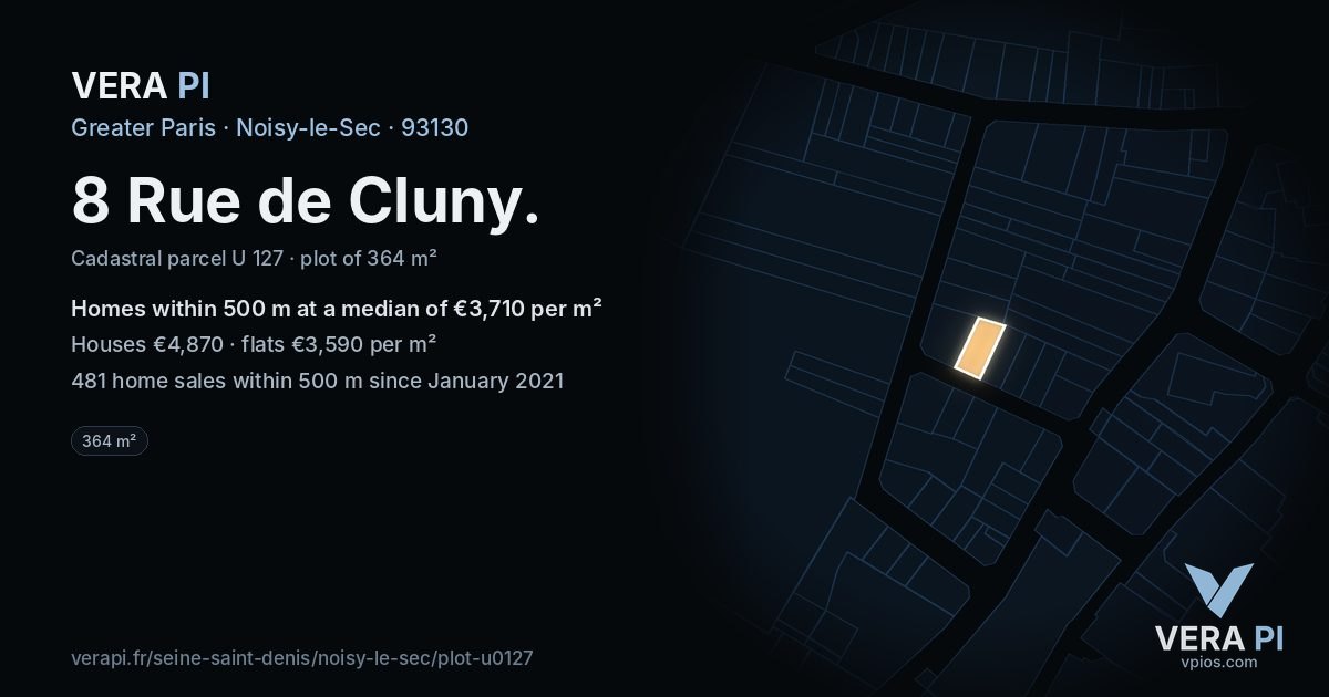 8 Rue de Cluny, Noisy-le-Sec at night – the plot lit, the parcels around coloured by the prices near them