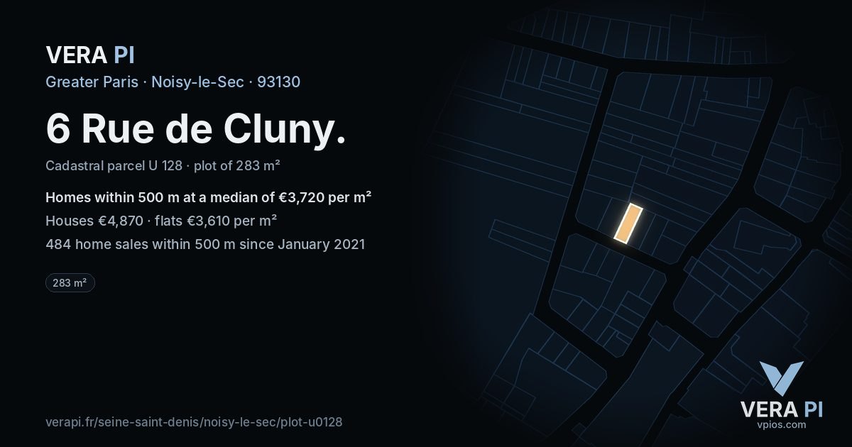 6 Rue de Cluny, Noisy-le-Sec at night – the plot lit, the parcels around coloured by the prices near them