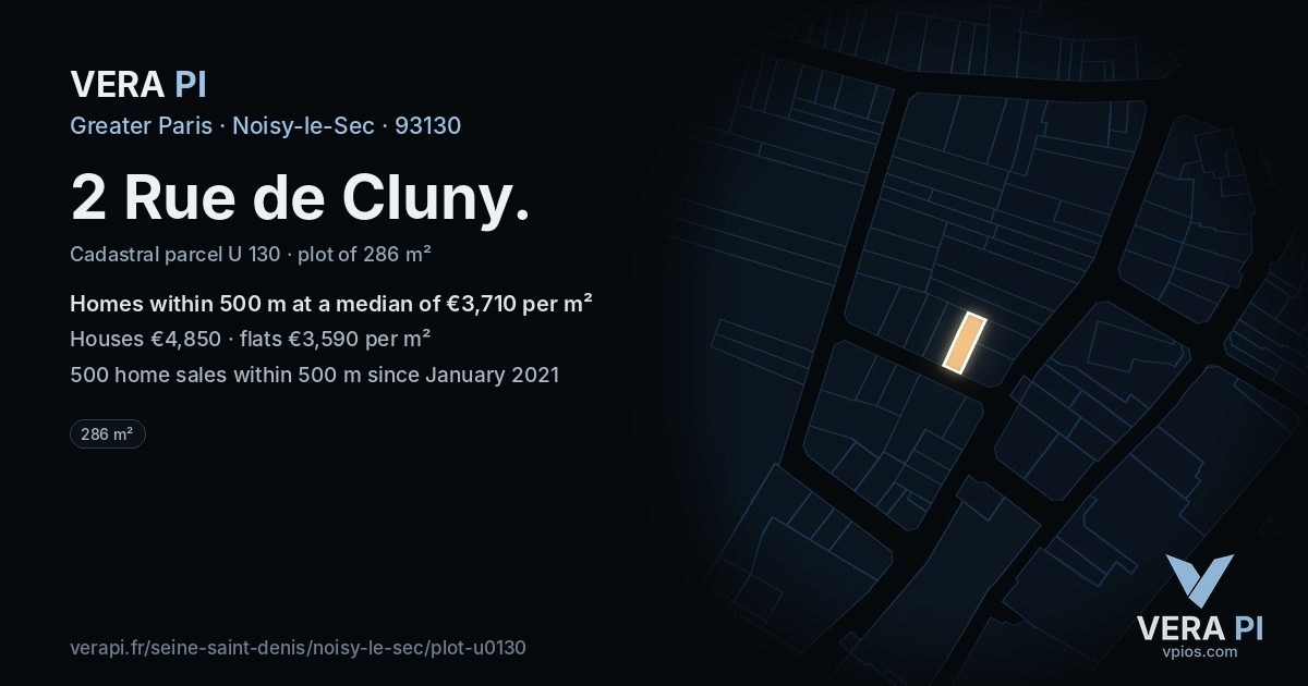 2 Rue de Cluny, Noisy-le-Sec at night – the plot lit, the parcels around coloured by the prices near them
