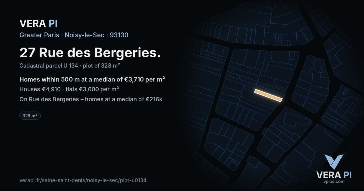 27 Rue des Bergeries, Noisy-le-Sec at night – the plot lit, the parcels around coloured by the prices near them