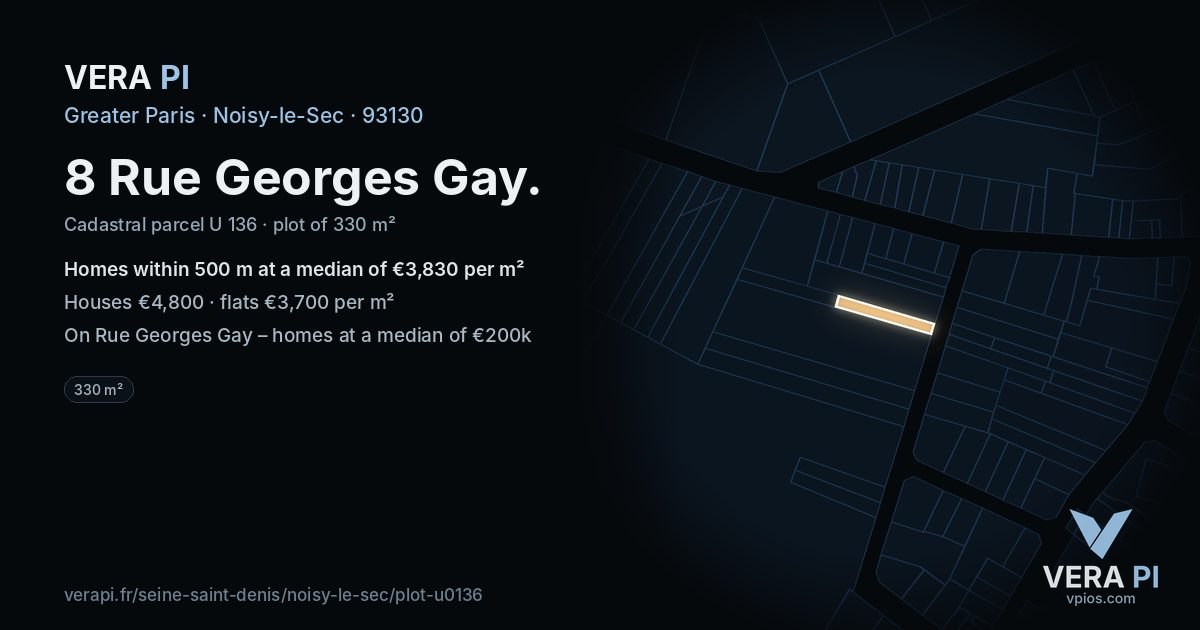 8 Rue Georges Gay, Noisy-le-Sec at night – the plot lit, the parcels around coloured by the prices near them
