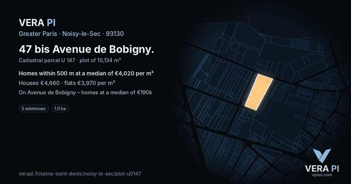 47 bis Avenue de Bobigny, Noisy-le-Sec at night – the plot lit, the parcels around coloured by the prices near them