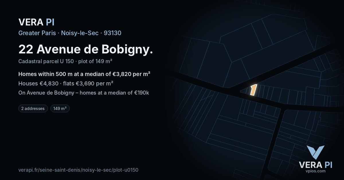 22 Avenue de Bobigny, Noisy-le-Sec at night – the plot lit, the parcels around coloured by the prices near them