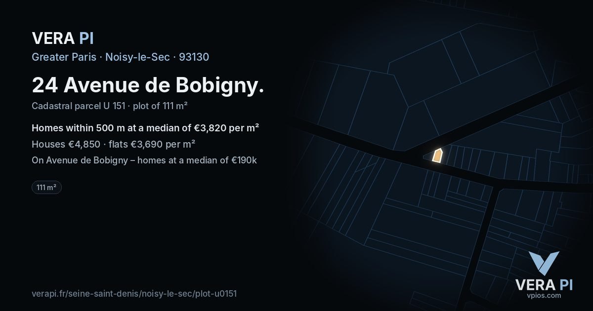 24 Avenue de Bobigny, Noisy-le-Sec at night – the plot lit, the parcels around coloured by the prices near them
