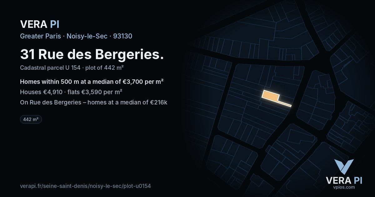 31 Rue des Bergeries, Noisy-le-Sec at night – the plot lit, the parcels around coloured by the prices near them