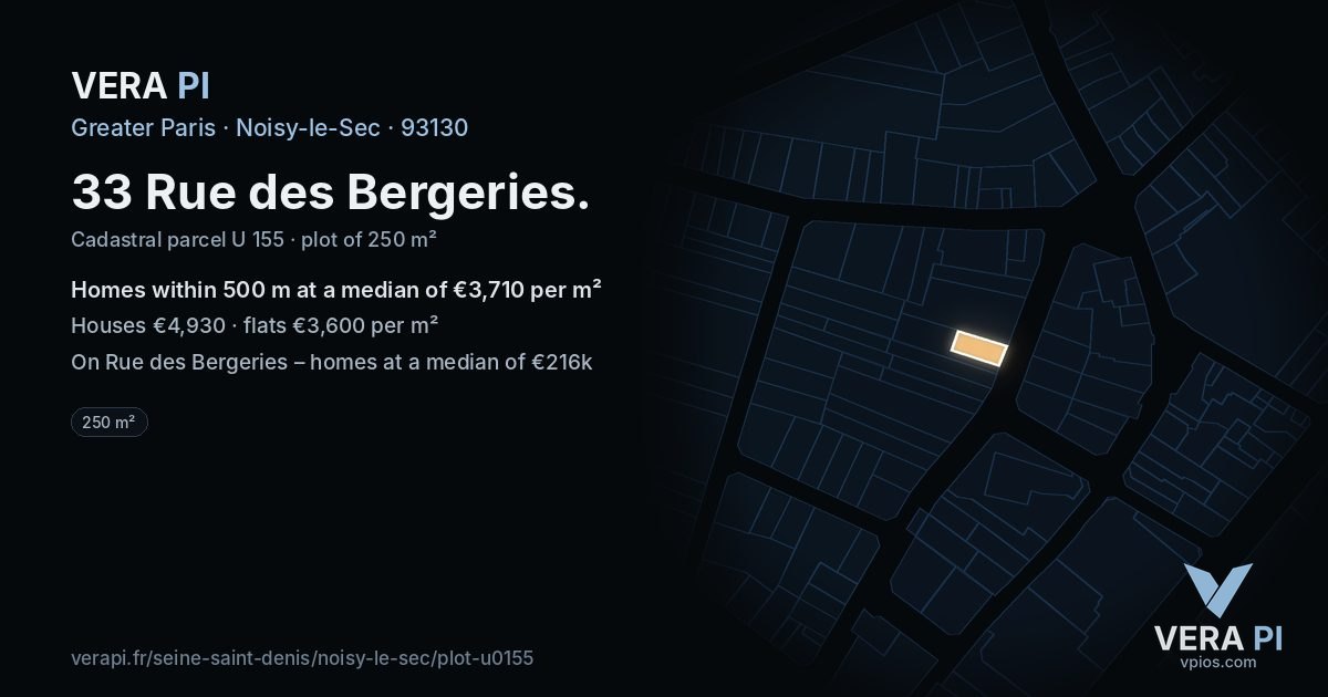 33 Rue des Bergeries, Noisy-le-Sec at night – the plot lit, the parcels around coloured by the prices near them