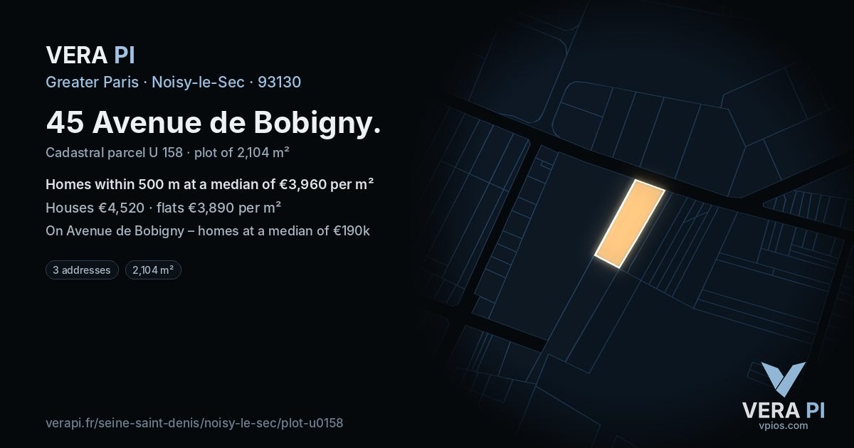 45 Avenue de Bobigny, Noisy-le-Sec at night – the plot lit, the parcels around coloured by the prices near them