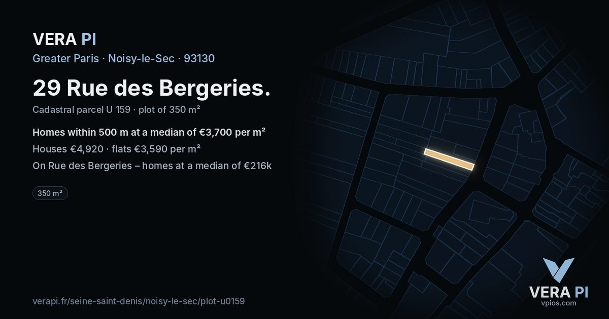 29 Rue des Bergeries, Noisy-le-Sec at night – the plot lit, the parcels around coloured by the prices near them