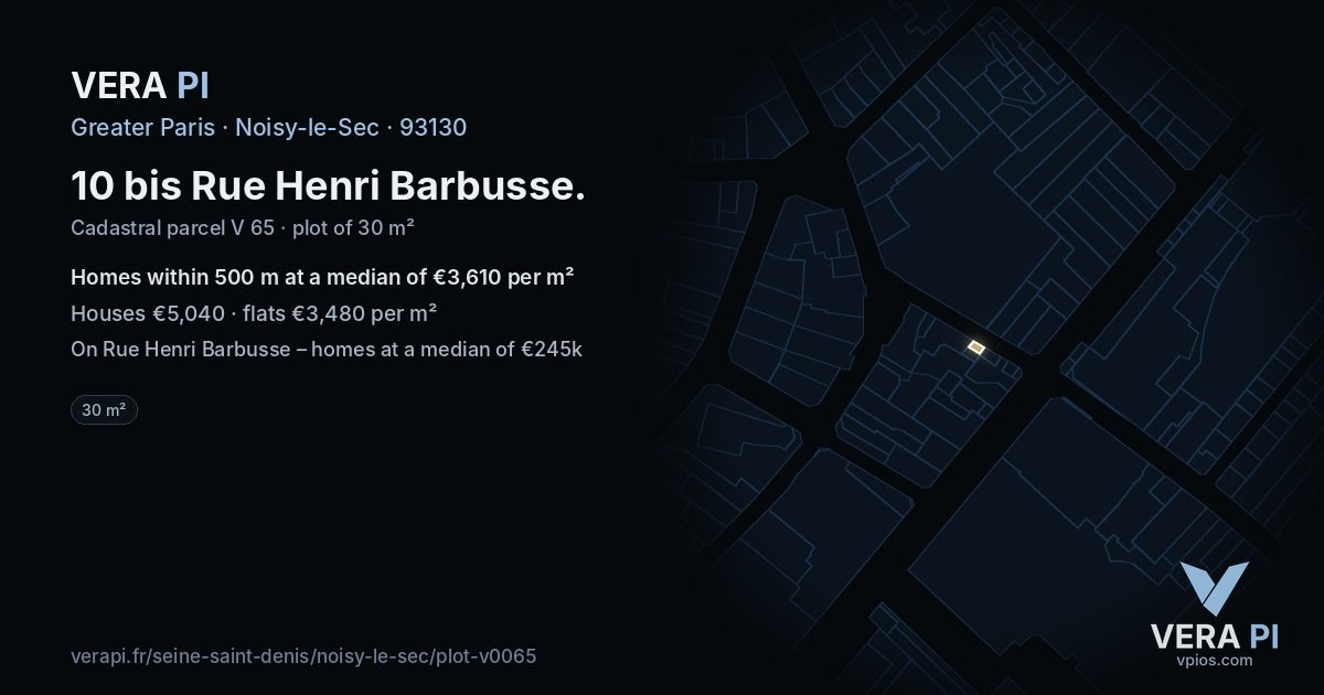 10 bis Rue Henri Barbusse, Noisy-le-Sec at night – the plot lit, the parcels around coloured by the prices near them