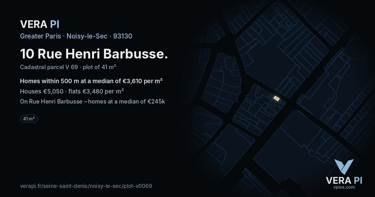 10 Rue Henri Barbusse, Noisy-le-Sec at night – the plot lit, the parcels around coloured by the prices near them