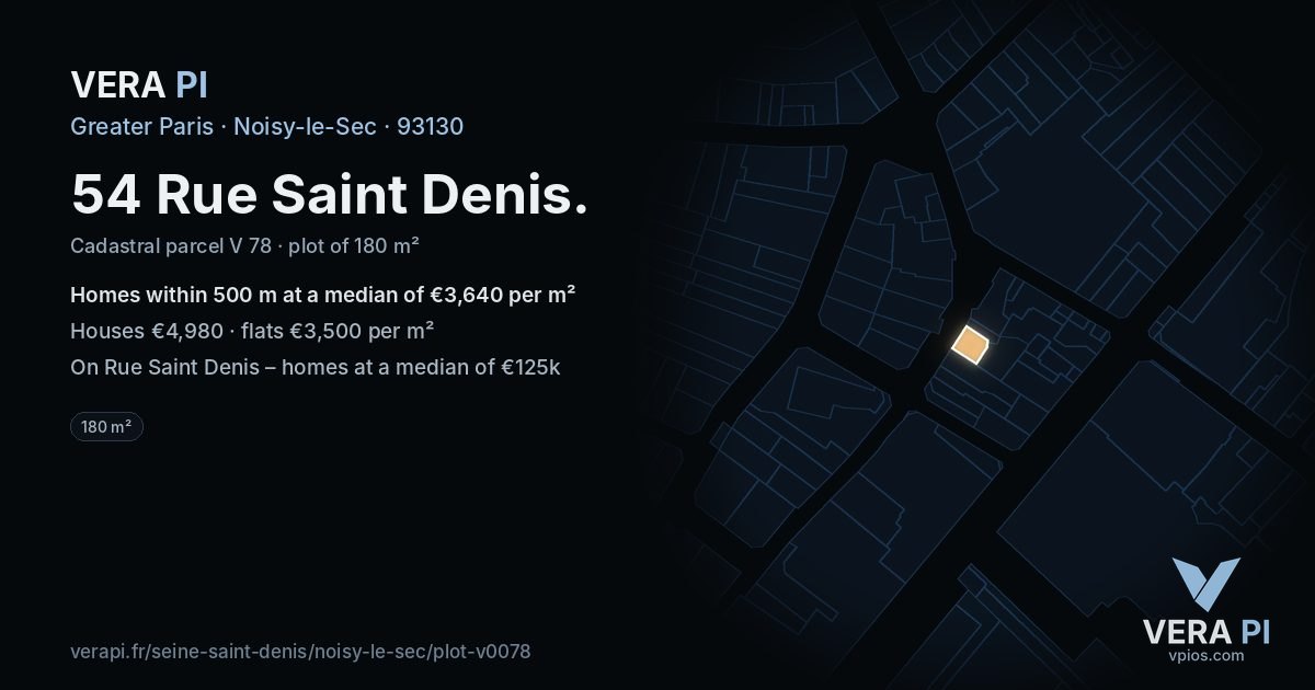 54 Rue Saint Denis, Noisy-le-Sec at night – the plot lit, the parcels around coloured by the prices near them