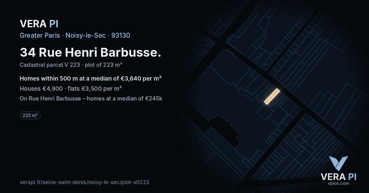 34 Rue Henri Barbusse, Noisy-le-Sec at night – the plot lit, the parcels around coloured by the prices near them