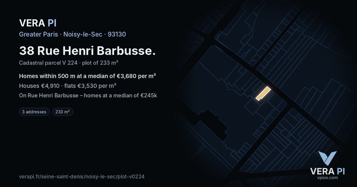 38 Rue Henri Barbusse, Noisy-le-Sec at night – the plot lit, the parcels around coloured by the prices near them