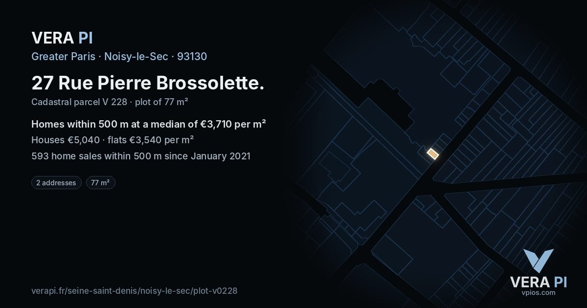 27 Rue Pierre Brossolette, Noisy-le-Sec at night – the plot lit, the parcels around coloured by the prices near them
