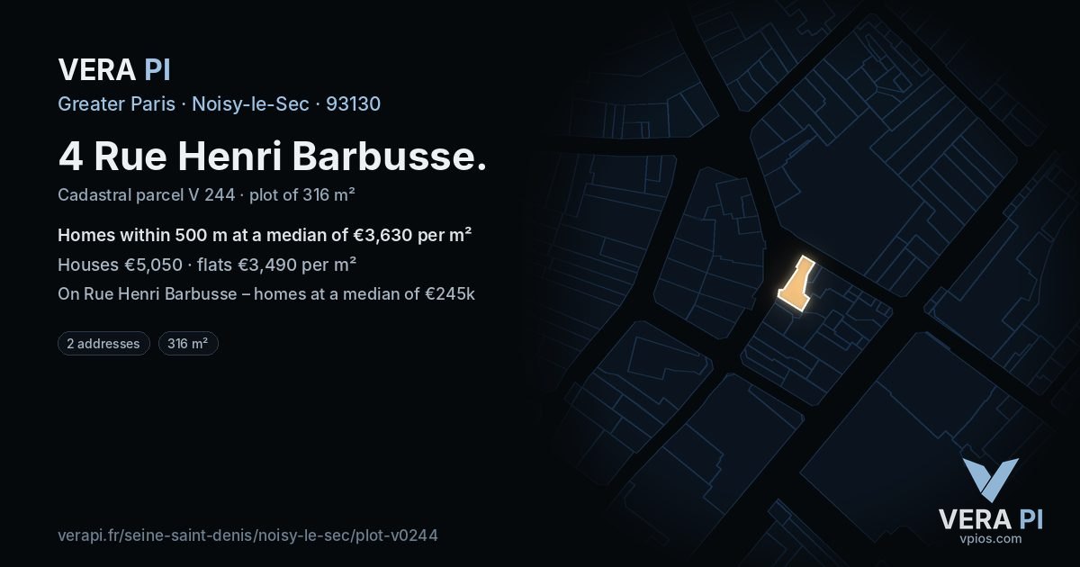 4 Rue Henri Barbusse, Noisy-le-Sec at night – the plot lit, the parcels around coloured by the prices near them