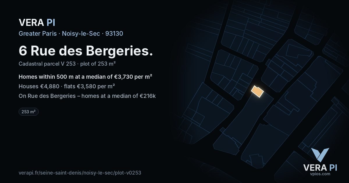 6 Rue des Bergeries, Noisy-le-Sec at night – the plot lit, the parcels around coloured by the prices near them
