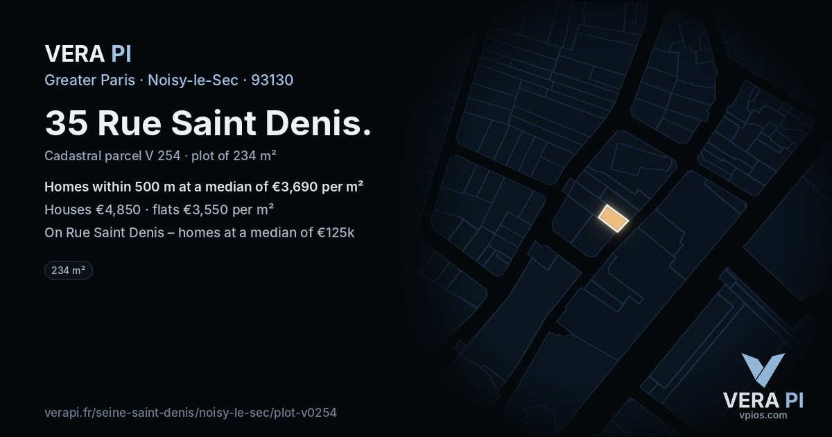 35 Rue Saint Denis, Noisy-le-Sec at night – the plot lit, the parcels around coloured by the prices near them