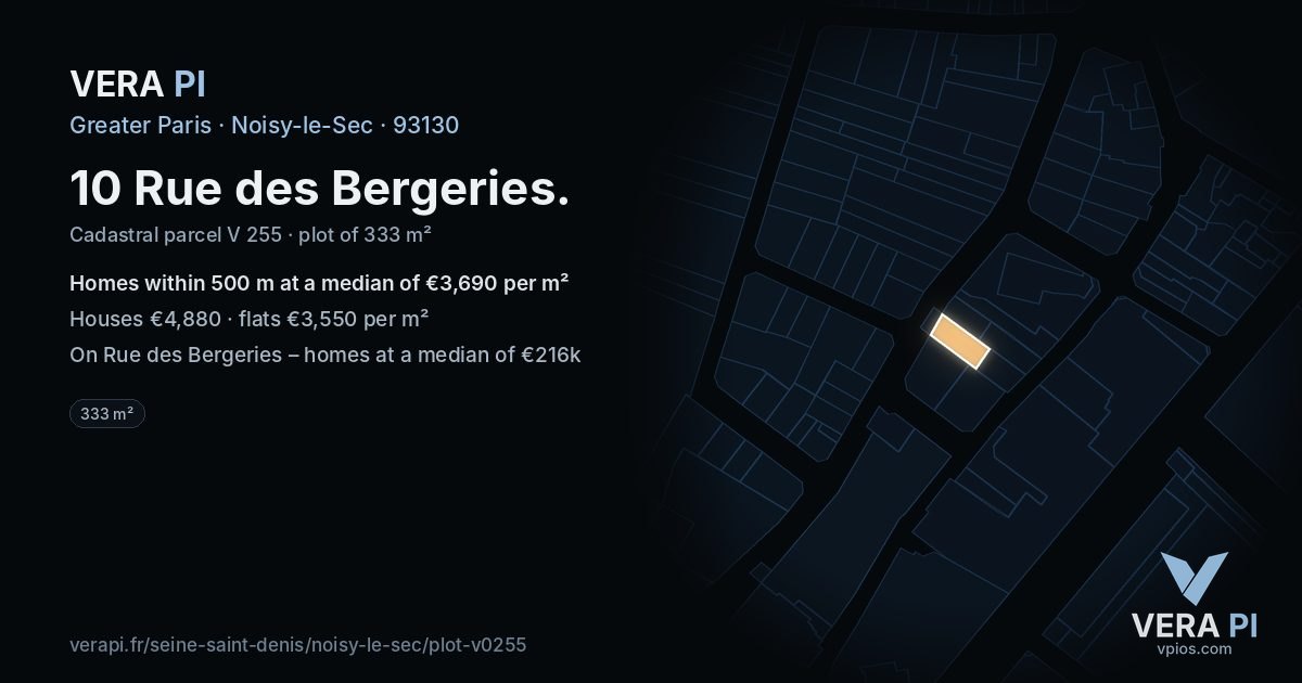 10 Rue des Bergeries, Noisy-le-Sec at night – the plot lit, the parcels around coloured by the prices near them