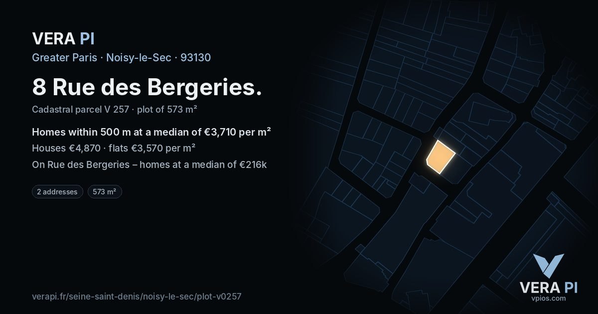 8 Rue des Bergeries, Noisy-le-Sec at night – the plot lit, the parcels around coloured by the prices near them