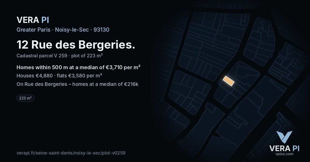 12 Rue des Bergeries, Noisy-le-Sec at night – the plot lit, the parcels around coloured by the prices near them