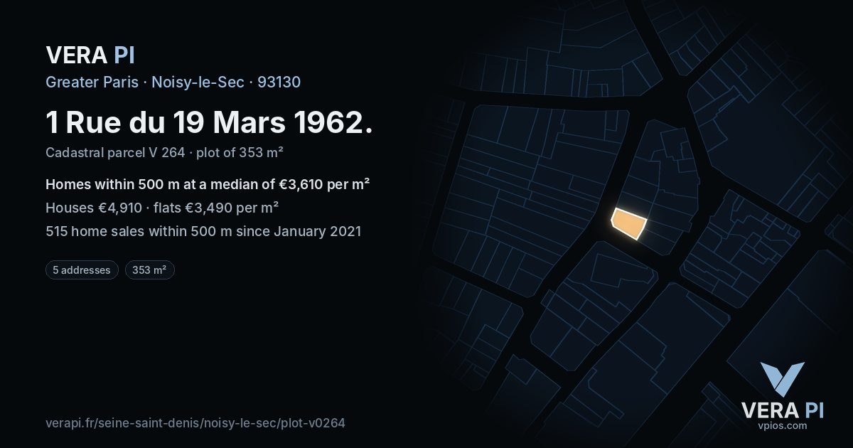 1 Rue du 19 Mars 1962, Noisy-le-Sec at night – the plot lit, the parcels around coloured by the prices near them