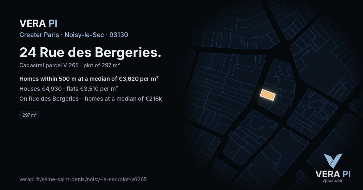 24 Rue des Bergeries, Noisy-le-Sec at night – the plot lit, the parcels around coloured by the prices near them