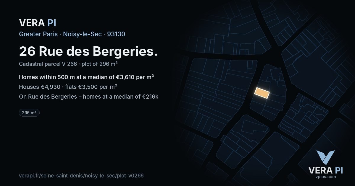 26 Rue des Bergeries, Noisy-le-Sec at night – the plot lit, the parcels around coloured by the prices near them