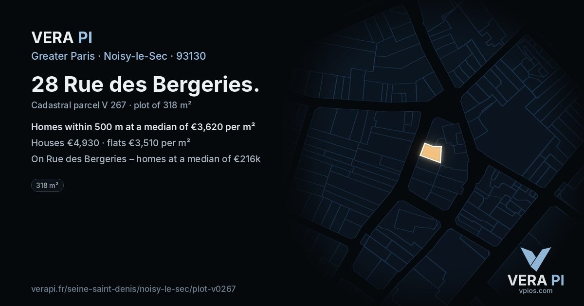 28 Rue des Bergeries, Noisy-le-Sec at night – the plot lit, the parcels around coloured by the prices near them