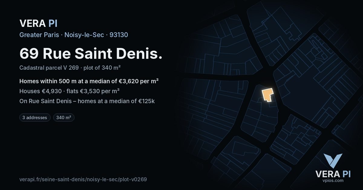 69 Rue Saint Denis, Noisy-le-Sec at night – the plot lit, the parcels around coloured by the prices near them