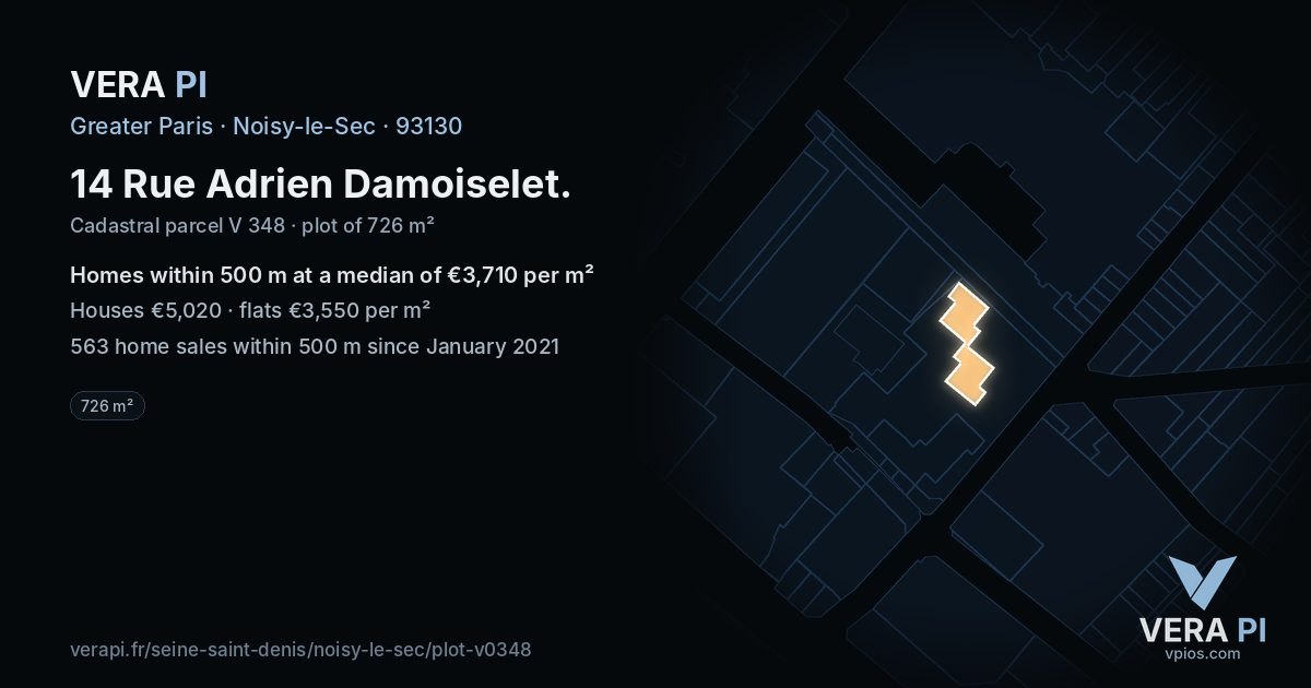 14 Rue Adrien Damoiselet, Noisy-le-Sec at night – the plot lit, the parcels around coloured by the prices near them