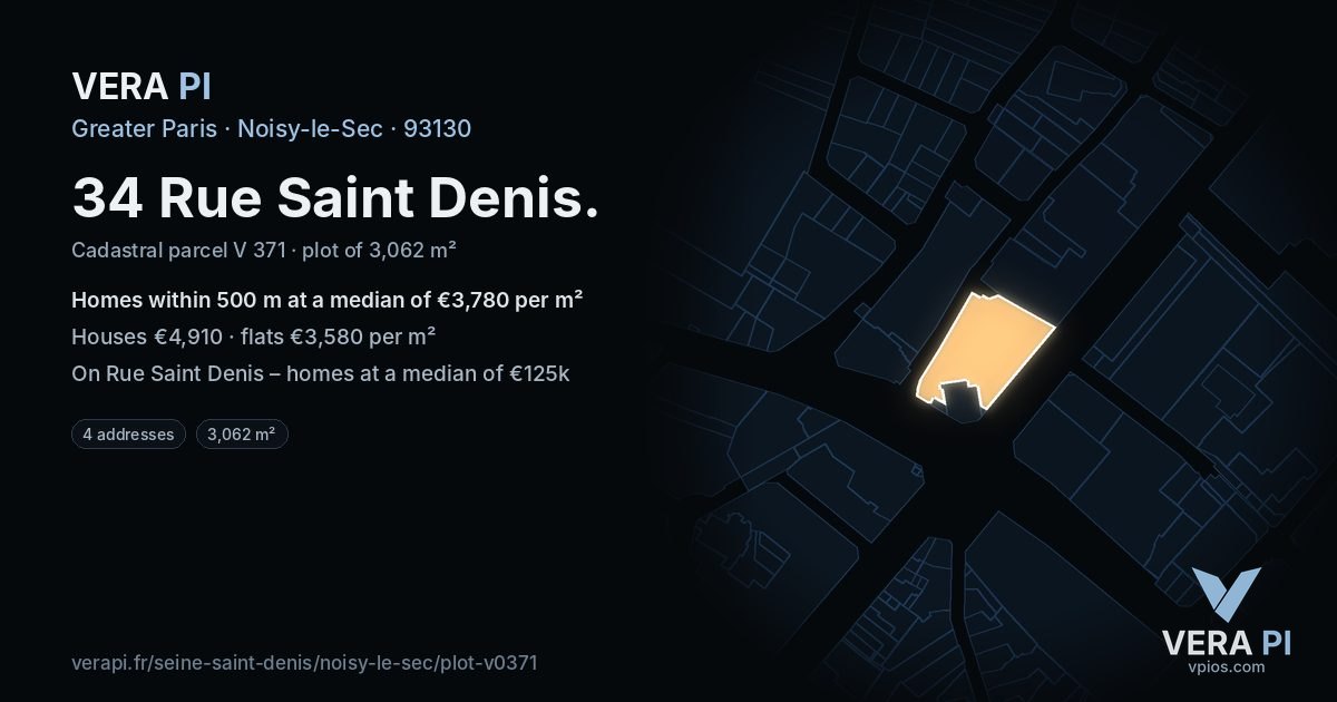 34 Rue Saint Denis, Noisy-le-Sec at night – the plot lit, the parcels around coloured by the prices near them
