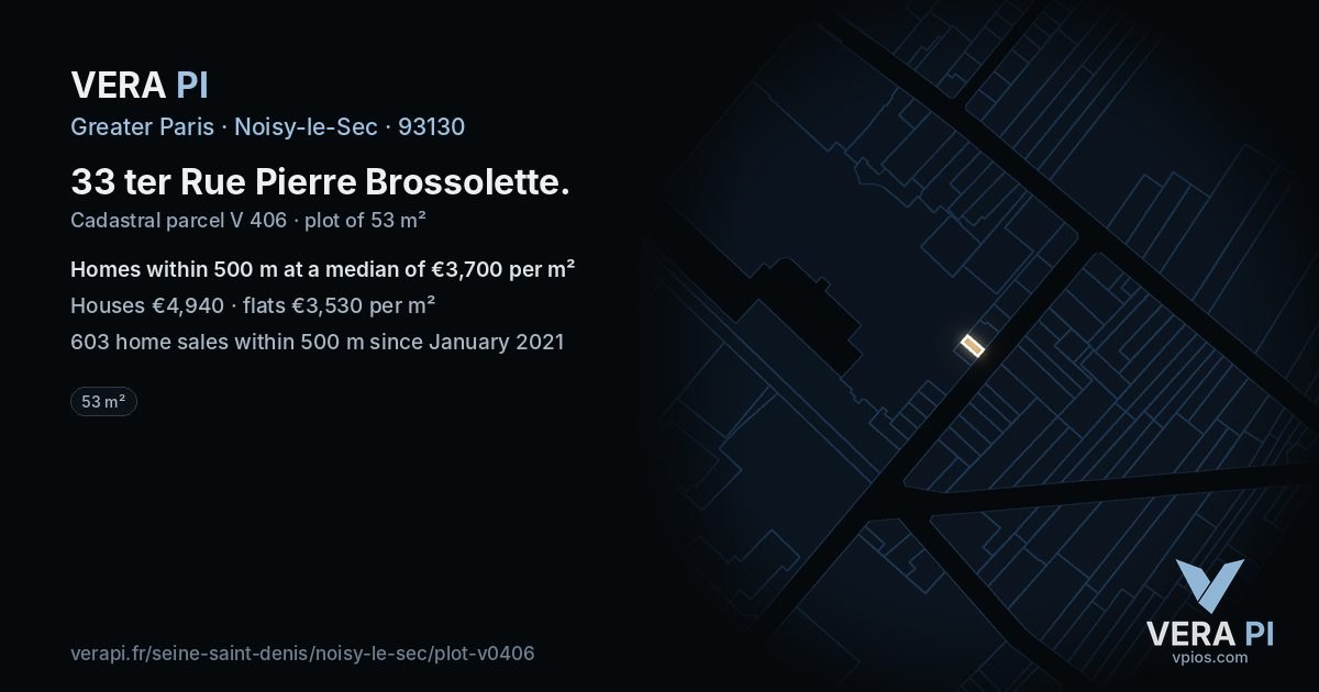 33 ter Rue Pierre Brossolette, Noisy-le-Sec at night – the plot lit, the parcels around coloured by the prices near them