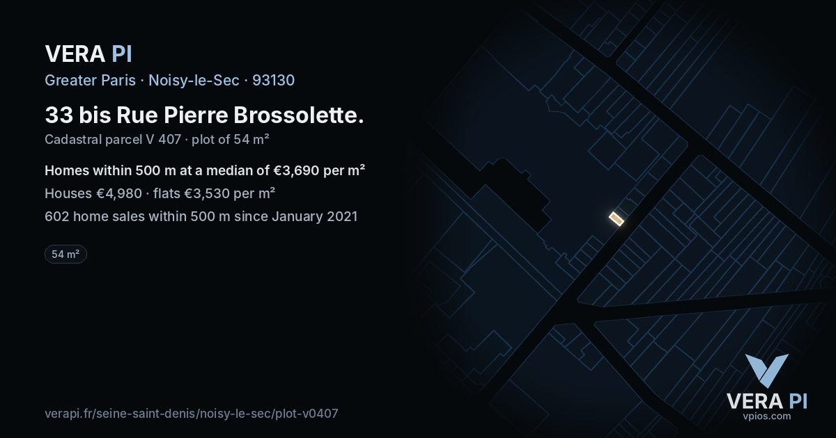 33 bis Rue Pierre Brossolette, Noisy-le-Sec at night – the plot lit, the parcels around coloured by the prices near them