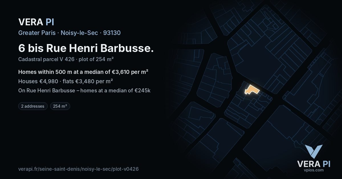 6 bis Rue Henri Barbusse, Noisy-le-Sec at night – the plot lit, the parcels around coloured by the prices near them