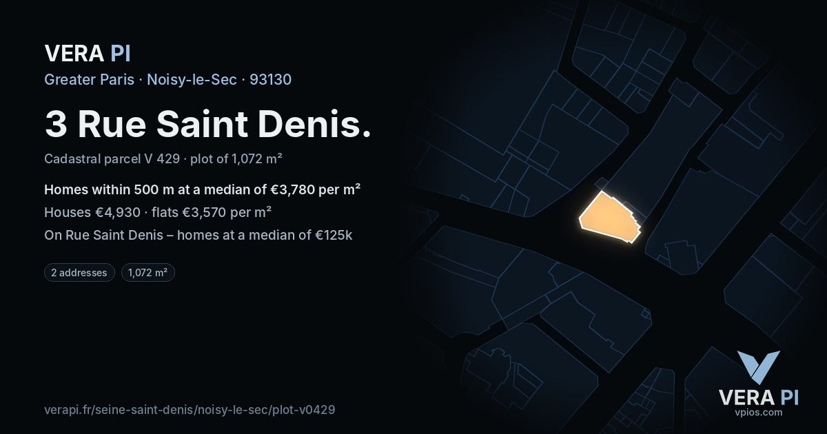 3 Rue Saint Denis, Noisy-le-Sec at night – the plot lit, the parcels around coloured by the prices near them