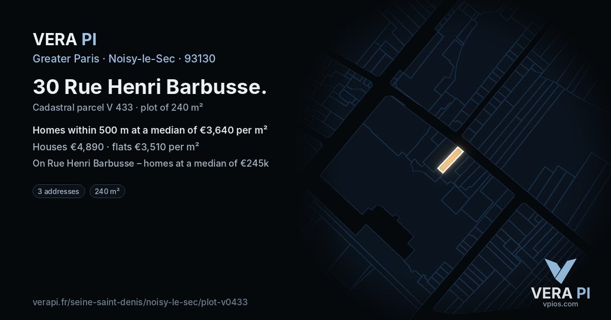 30 Rue Henri Barbusse, Noisy-le-Sec at night – the plot lit, the parcels around coloured by the prices near them