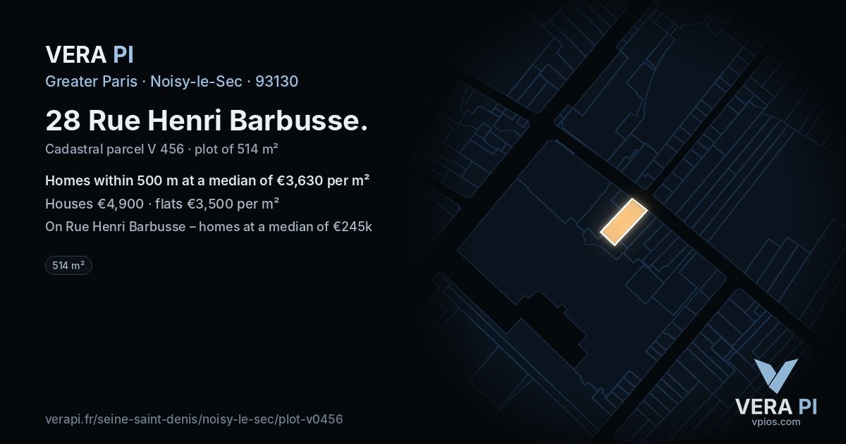 28 Rue Henri Barbusse, Noisy-le-Sec at night – the plot lit, the parcels around coloured by the prices near them