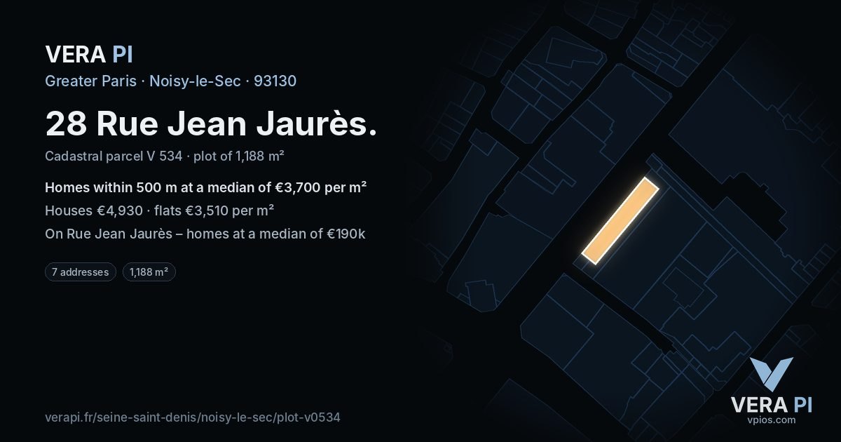 28 Rue Jean Jaurès, Noisy-le-Sec at night – the plot lit, the parcels around coloured by the prices near them