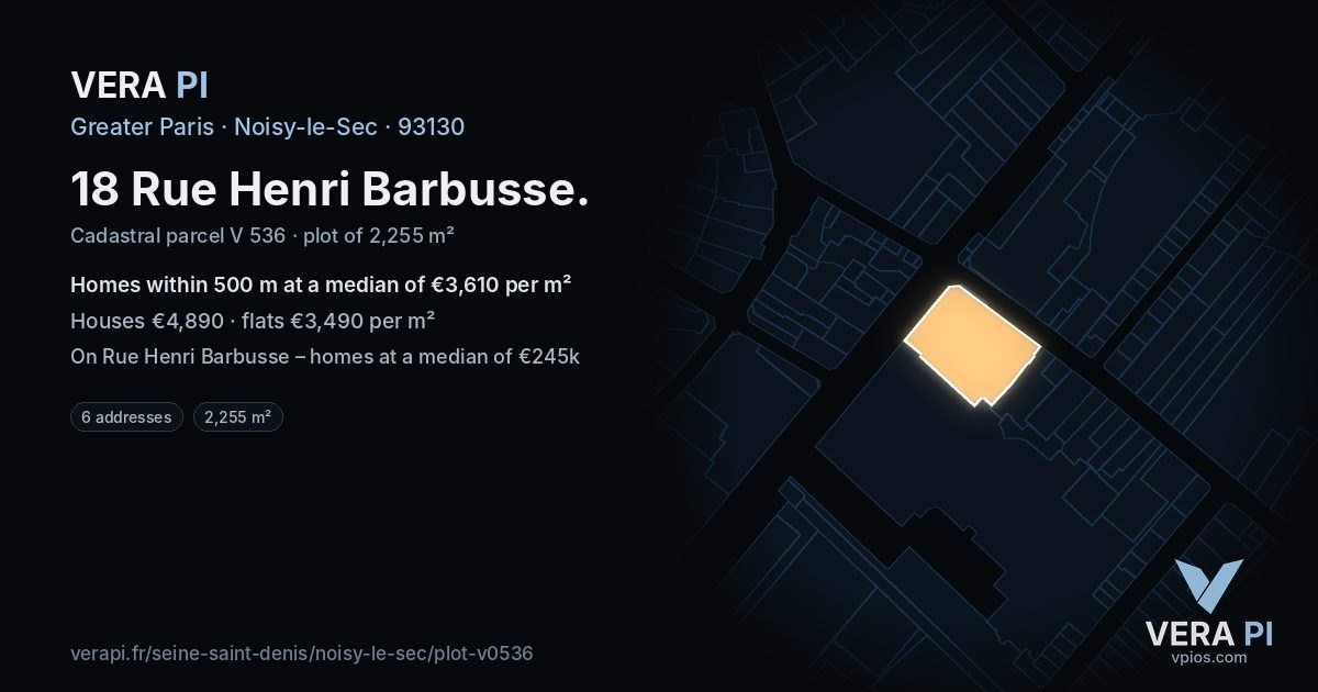 18 Rue Henri Barbusse, Noisy-le-Sec at night – the plot lit, the parcels around coloured by the prices near them