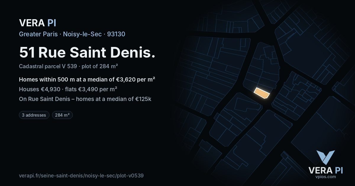 51 Rue Saint Denis, Noisy-le-Sec at night – the plot lit, the parcels around coloured by the prices near them
