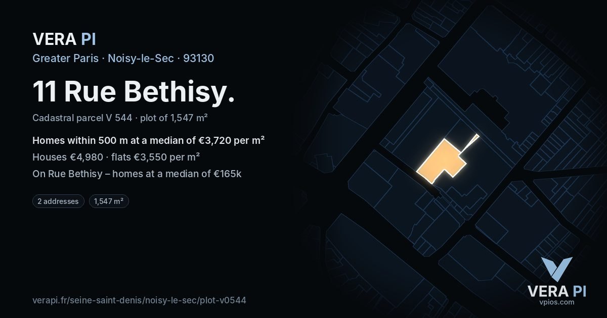 11 Rue Bethisy, Noisy-le-Sec at night – the plot lit, the parcels around coloured by the prices near them