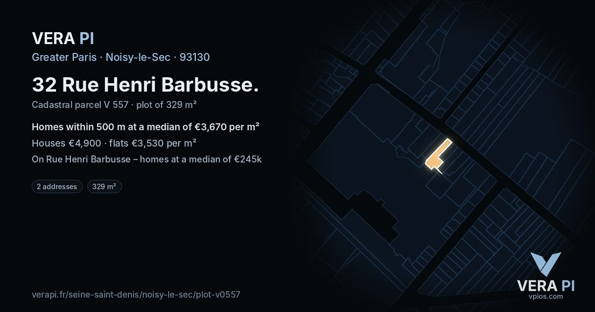 32 Rue Henri Barbusse, Noisy-le-Sec at night – the plot lit, the parcels around coloured by the prices near them