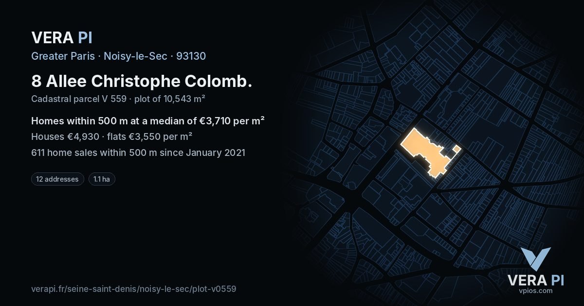 8 Allee Christophe Colomb, Noisy-le-Sec at night – the plot lit, the parcels around coloured by the prices near them