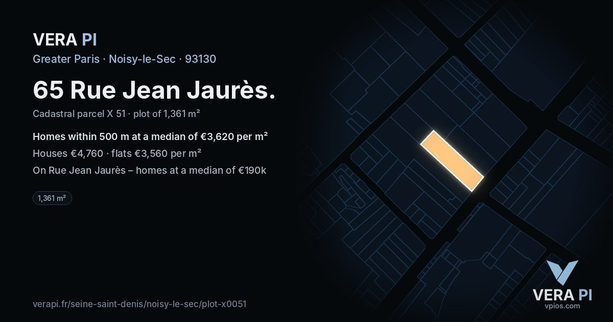 65 Rue Jean Jaurès, Noisy-le-Sec at night – the plot lit, the parcels around coloured by the prices near them