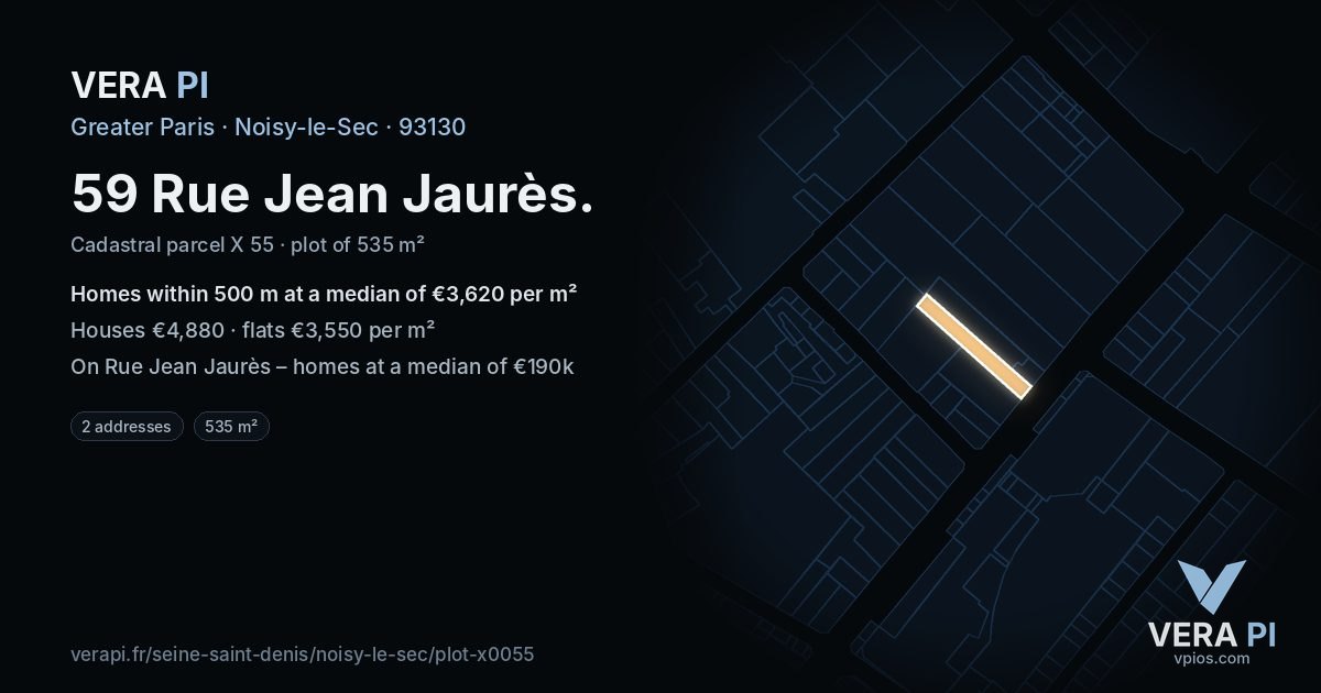 59 Rue Jean Jaurès, Noisy-le-Sec at night – the plot lit, the parcels around coloured by the prices near them
