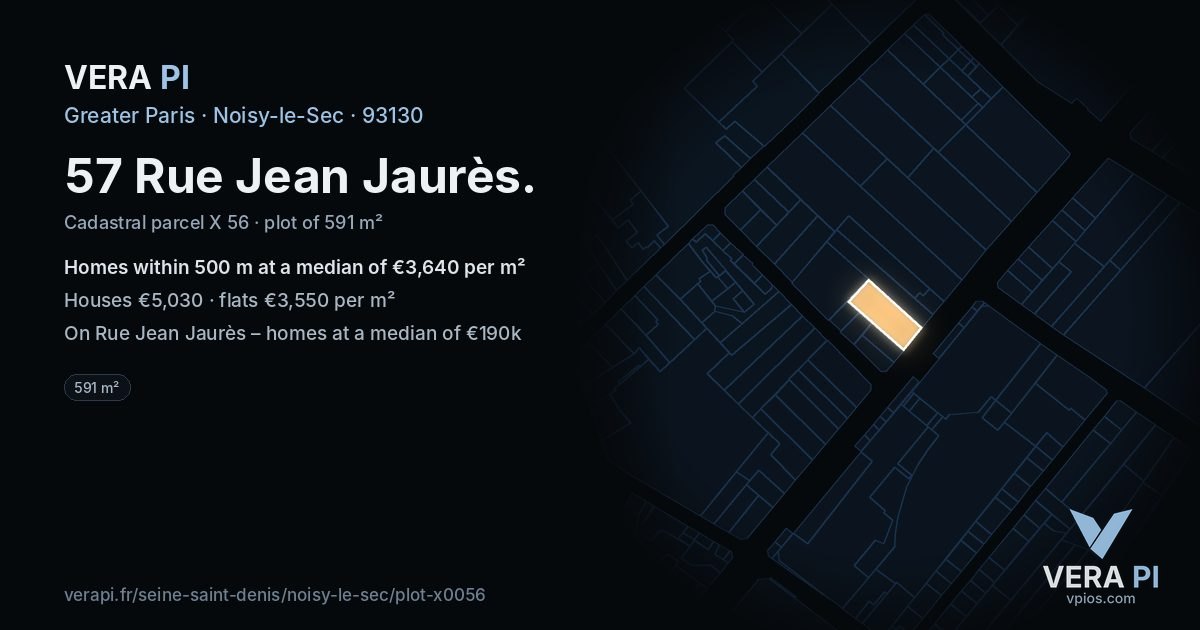 57 Rue Jean Jaurès, Noisy-le-Sec at night – the plot lit, the parcels around coloured by the prices near them