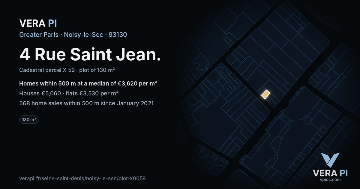 4 Rue Saint Jean, Noisy-le-Sec at night – the plot lit, the parcels around coloured by the prices near them